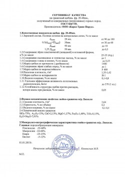 Сертификат качества на гранитный щебень фр. 20-40 мм., полученный из изверженных (интрузивнных) горных пород. ГОСТ 8267-93.