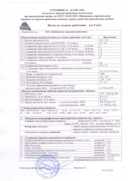 Сертификат качества на песок из отсевов дробления, полученный при производстве щебня, по ГОСТ 31424-2010