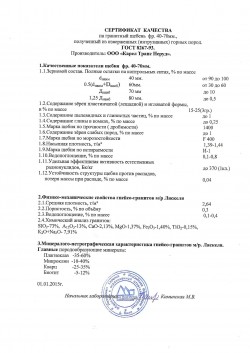 Сертификат качества на щебень гранитный фр. 40-70мм., полученный из изверженных (интрузивных) горных пород. ГОСТ 8267-93